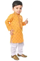 Cotton Blend Printed Kurta with Payjama for Boys, Yellow & White 