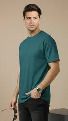 Polyester Round Neck T-shirt for Men, Teal 