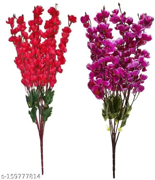 Polyester Artificial Flowers Bunch (Dark Pink & Purple, Pack of 2)