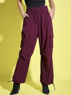 Polyester Loose Fit Trousers for Women (Wine, 28)