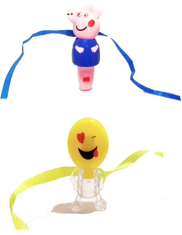 Plastic Pepa Pig and Smiley Light Whistle Rakhi for Kids (Multicolor, Pack of 2)