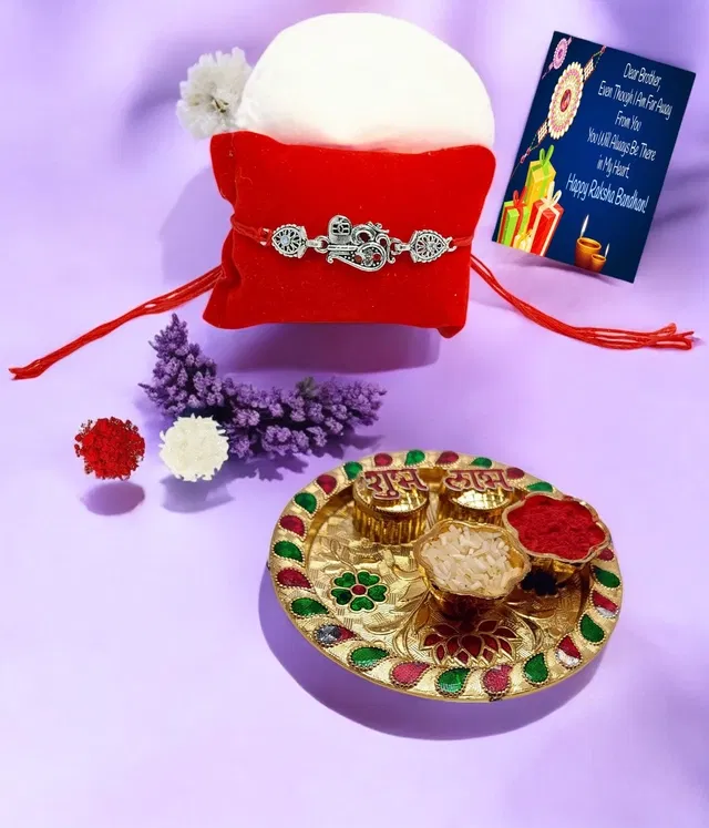Metal Rakhi with 4.5 Inch Plate & Greeting card, Roli (Multicolor, Set of 1)