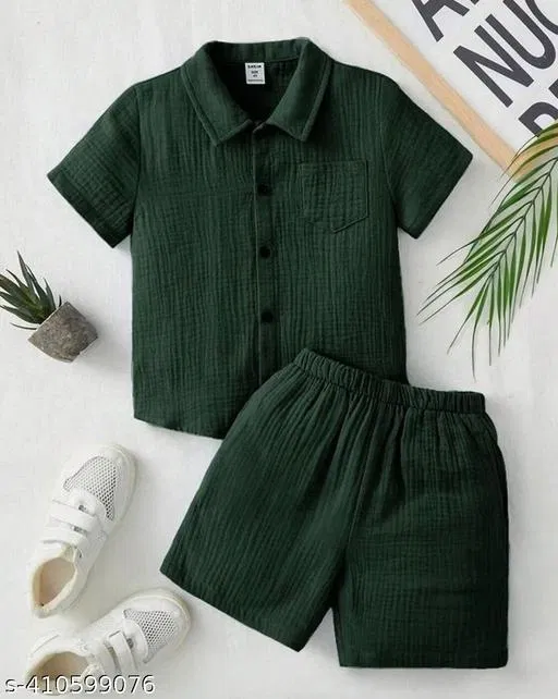 Cotton Spandex Shirt and Short Set for Boys (Green, 18-24 Months)