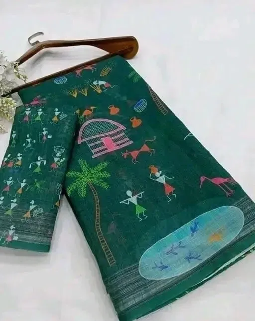 Cotton Linen Printed Saree for Women (Green, 6.3 m)
