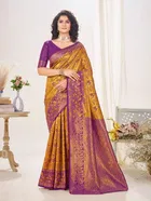 Litchi Silk Zari Embroidered Saree for Women, Yellow 