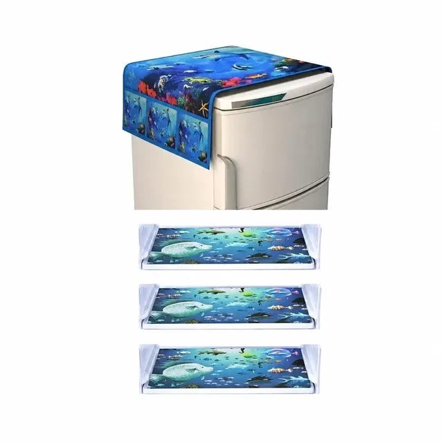 4 Pcs Fridge Cover (Blue, Set of 1) 3 Pcs Mat with Top Cover