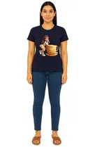 Cotton Blend Printed T-shirt for Women, Navy Blue 