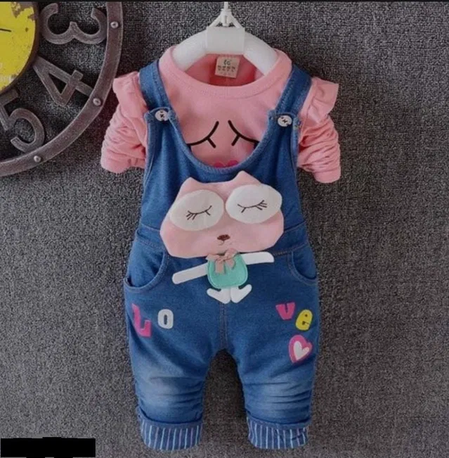 Denim Printed Clothing Set for Girls (Pink & Blue, 9-12 Months)