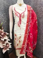 Cotton Silk Embellished Unstitched Suits Fabric for Women, White & Red