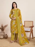 Cotton Printed Kurta with Pant & Dupatta for Women (Mustard, S)