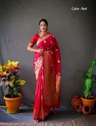 Litchi Silk Botanical Saree for Women, Red 
