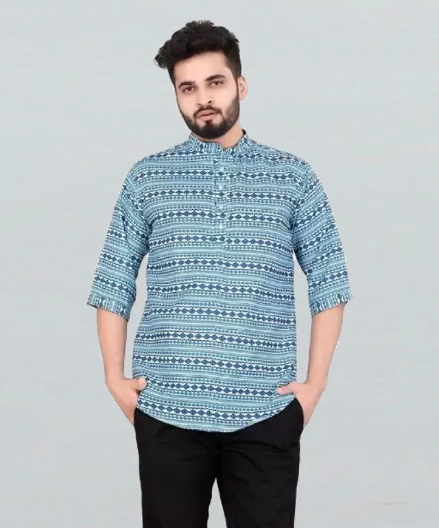 Cotton Blend Printed Kurta for Men (Blue, XL)