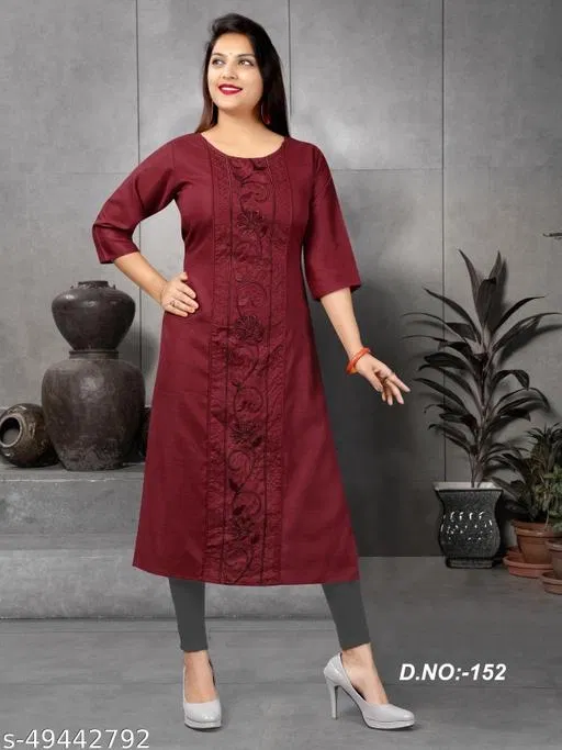Floral Cotton Blend Kurti for Women (Maroon, M)