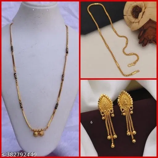 Combo of Alloy Mangalsutra with Chain & 1 Pair Earrings for Women (Multicolor, Set of 3)