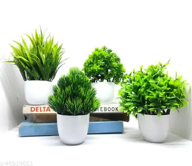 Artificial Plants with Pot (Green & White, Set of 4)