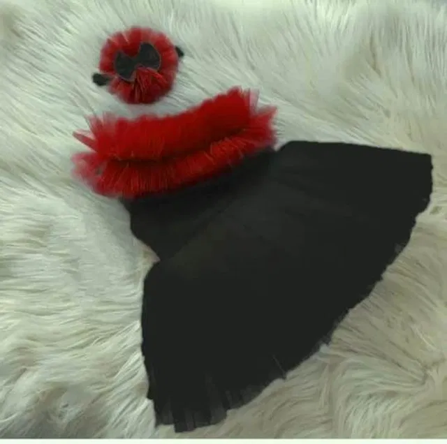Net Solid Frock for Girls (Red & Black, 18-24 Months)