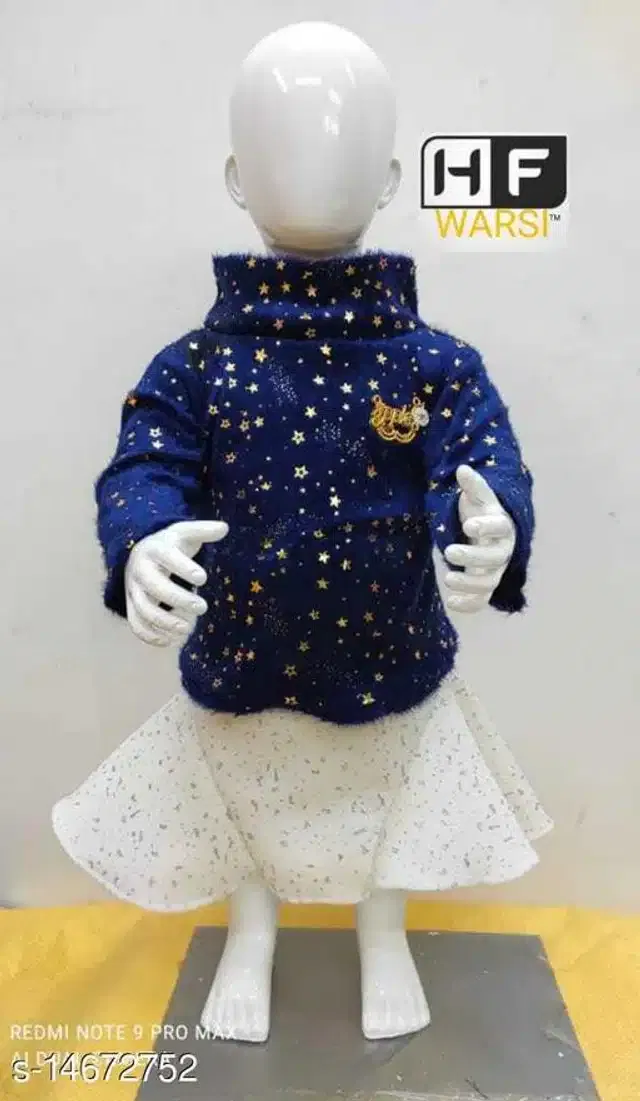 Art Silk Full Sleeves Top & Bottom Clothing Set for Girls (Blue & White, 6-12 Months)