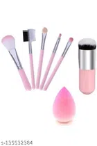 Makeup Brushes (5 Pcs) with Foundation Brush & Makeup Puff (Pink & Silver, Set of 3)
