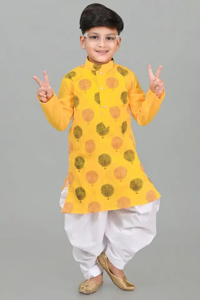 Cotton Printed Kurta with Patiyala Set for Boys (Yellow & White, 6-12 Month)