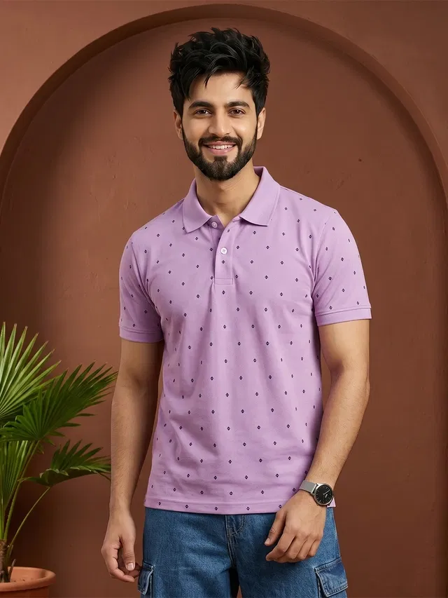 Printed Polo T-shirt for Men (Lavender, XL)