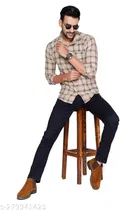 Cotton Blend Checked Shirt for Men, Cream 