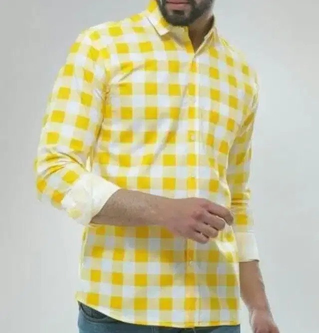 Full Sleeves Checkered Shirt for Men (Yellow, L)