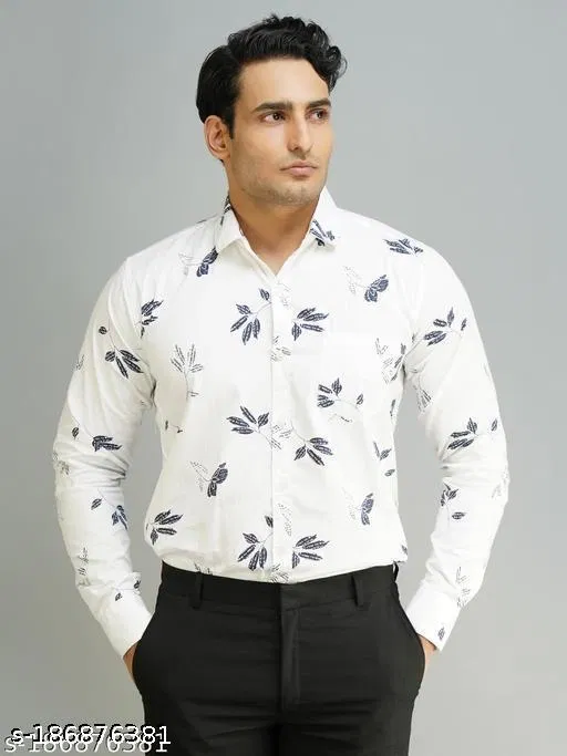 Cotton Printed Shirts for Men, White (XXL)
