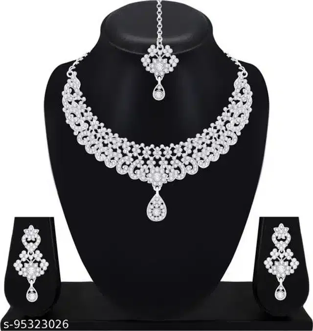 Alloy Necklace with Earrings & Maangtika for Women (White, Set of 1)