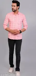 Cotton Blend Checked Shirt for Men, Pink 