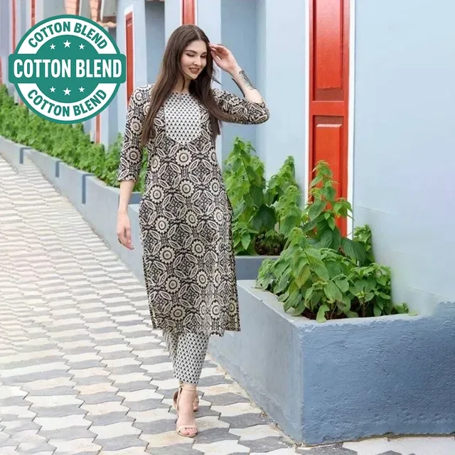 Cotton Printed Women's Kurta with Pant Set (Black, L)