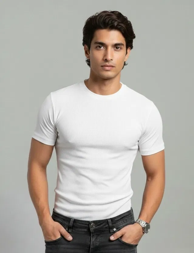 Polyester Round Neck T-shirt for Men, White (L)