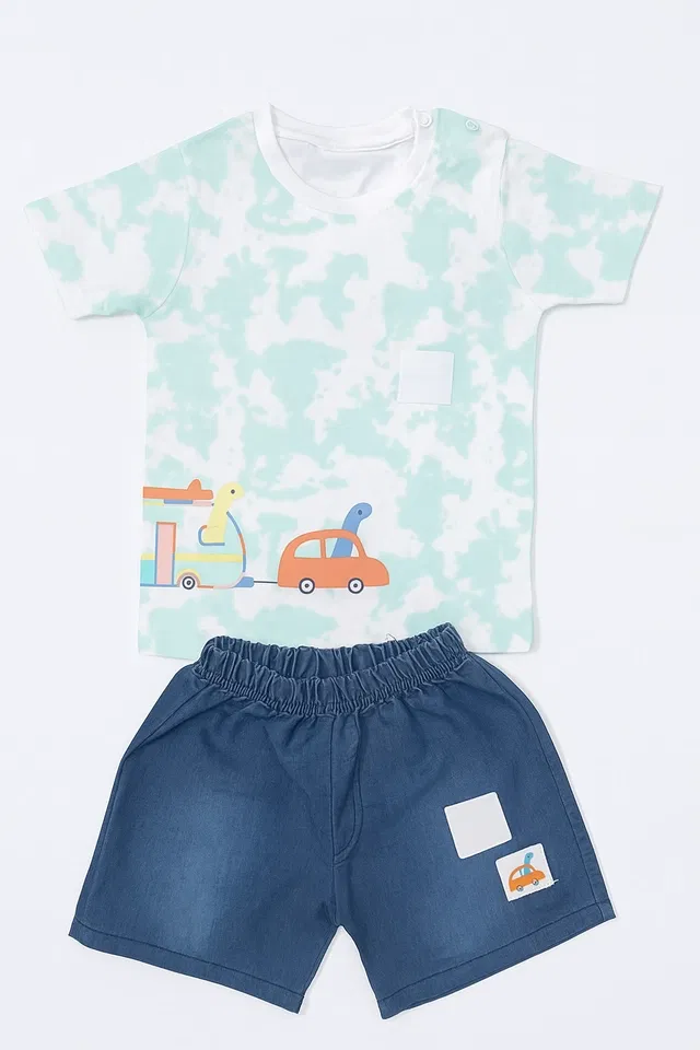 Cotton Printed Clothing Set for Boys (Blue, 6-12 Months)