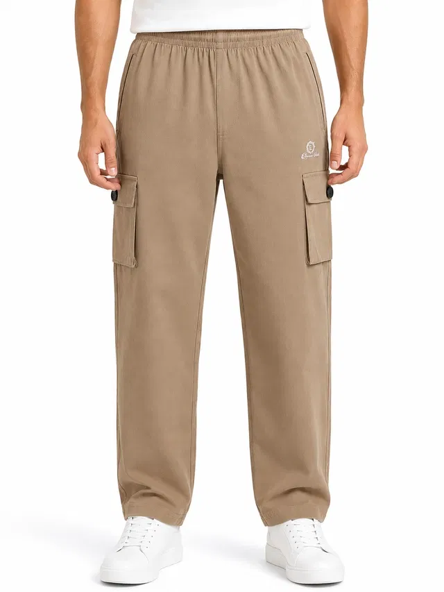 Solid Slim Fit High Rise Drawstring Polycotton Track Pants for Men (Beige, 2XL)