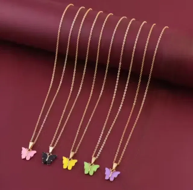 Metal Butterfly Pendant Necklace for Women (Multicolor, Pack of 5)