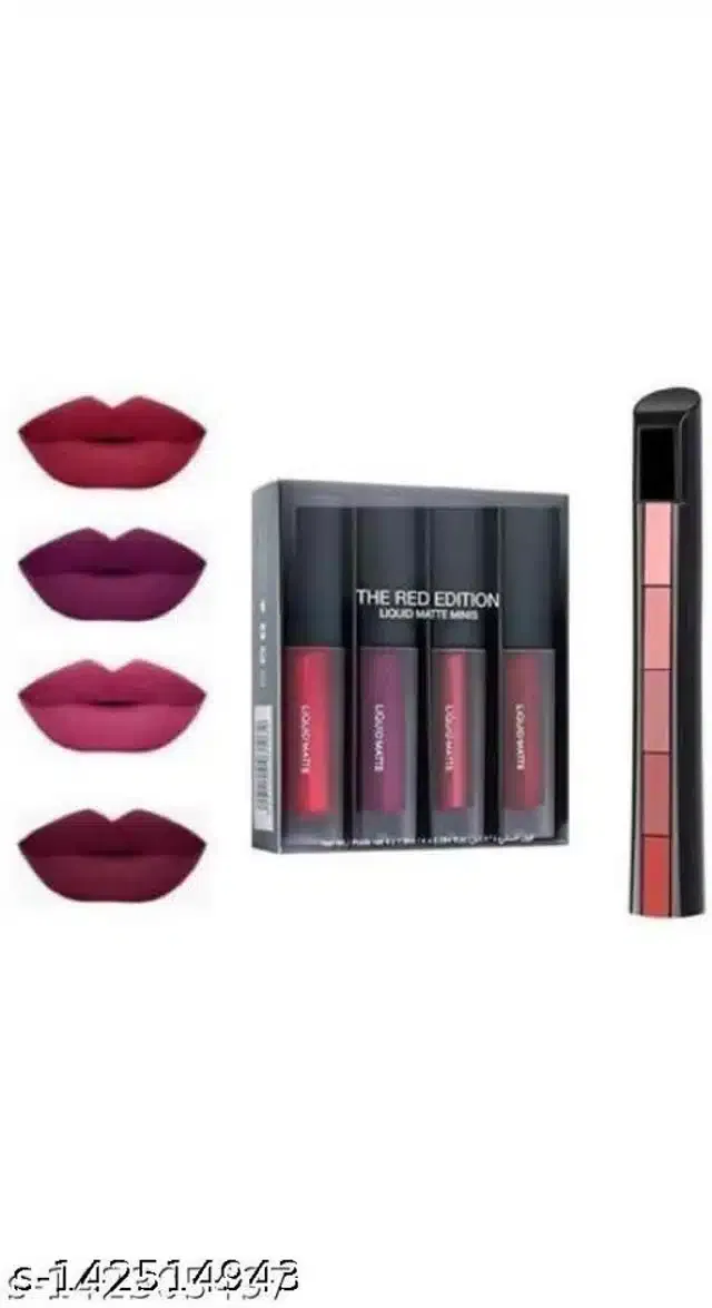 Combo of Waterproof Liquid Lipsticks (4 Pcs) with Mini 5-in-1 Lipstick (Multicolor, Set of 2)