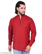 Cotton Blend Solid Short Kurta for Men, Maroon 