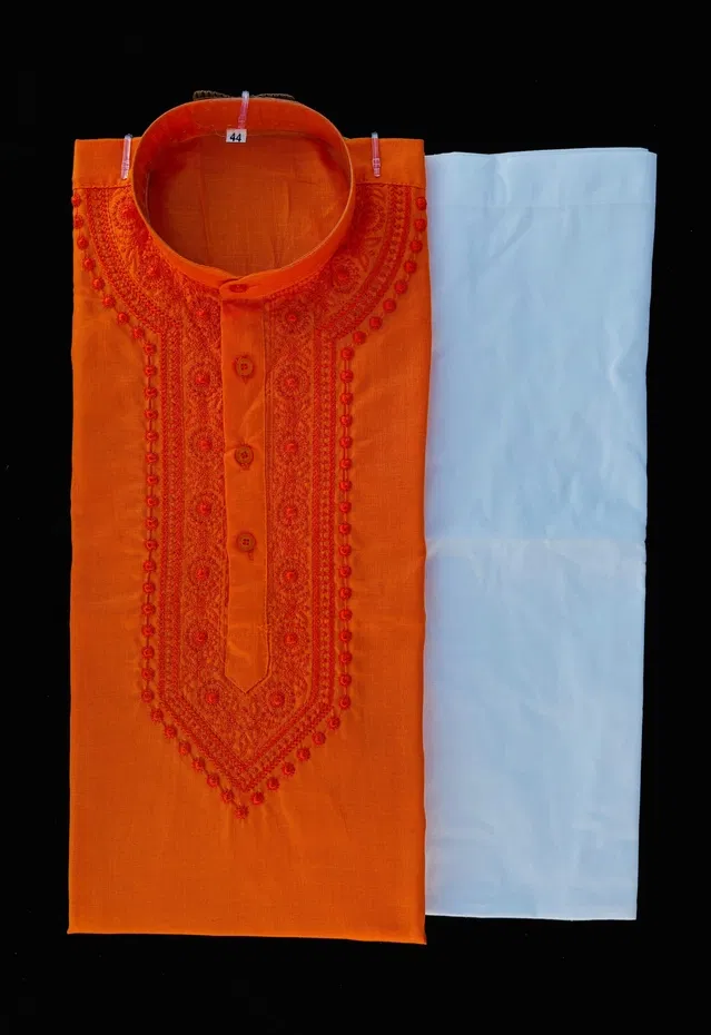 Cotton Embroidered Kurta with Pyjama for Men (Orange & White, L)