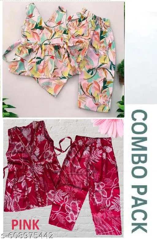 Rayon Slub Printed Clothing Set for Girls, Multicolour & Maroon, Pack of 2 (9-10 Years)