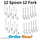 Stainless Steel 12 Pcs Spoons with 12 Pcs Forks (Silver, Set of 2)