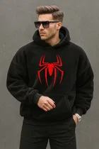 Fleece Printed Hoodie for Men, Black 