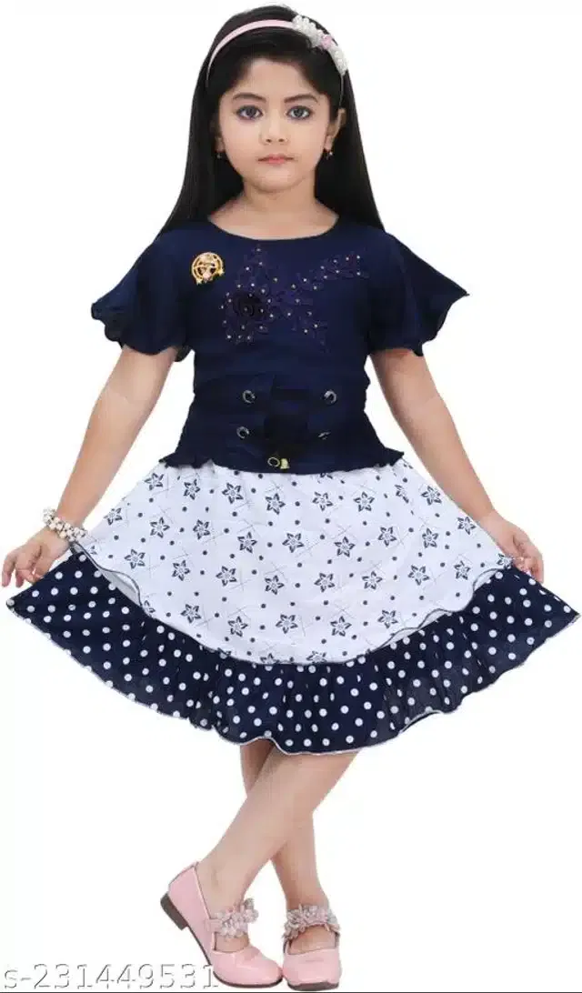 Cotton Frock for Girls (Navy Blue & White, 4-5 Years)