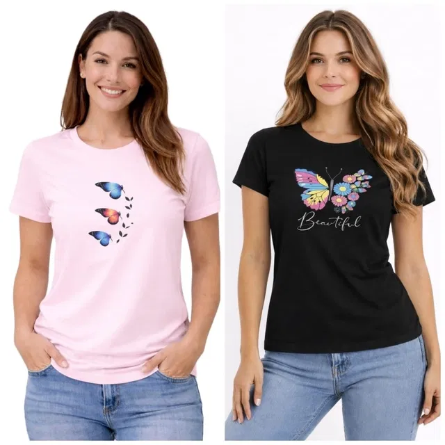 Cotton Blend T-shirt for Women, Pink & Black, Pack of 2 (L)