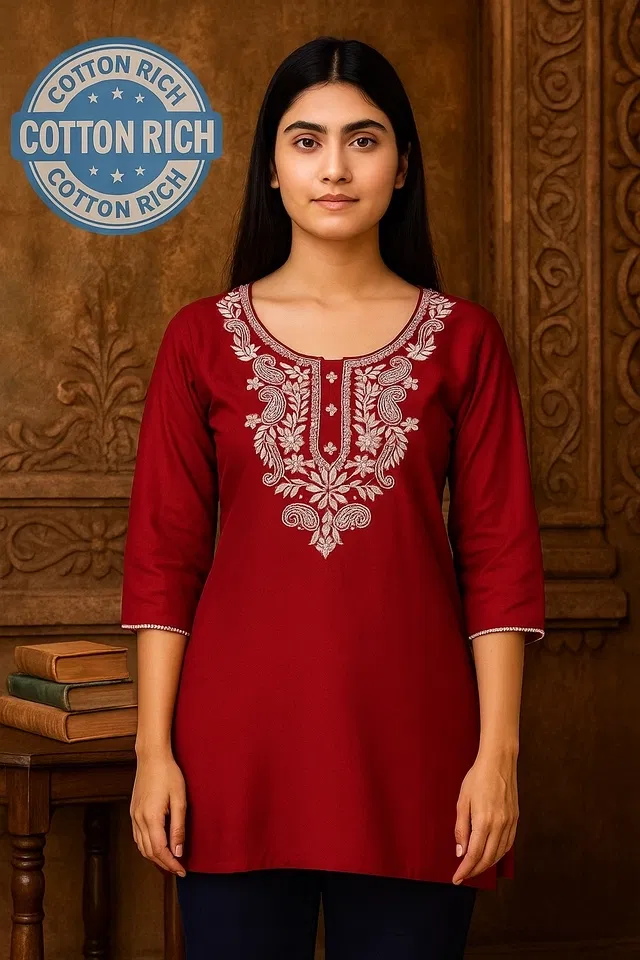 Cotton Embroidered Short Kurti for Women (Maroon, S)