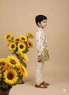 Silk Blend Printed Kurta & Payjama Set For Boys, Cream 