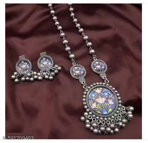 trending stylish replica printed silver oxidized jewellery set