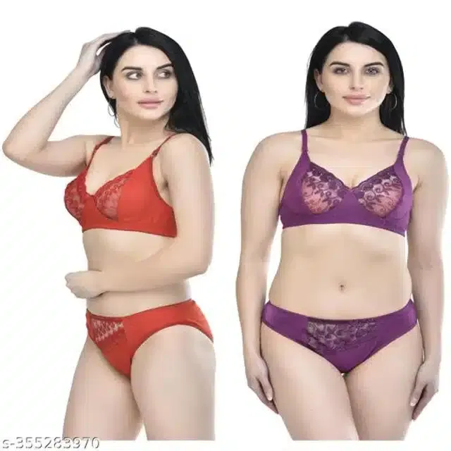 Polycotton Bra with Panty for Women (Assorted, 34B) (Pack of 2)