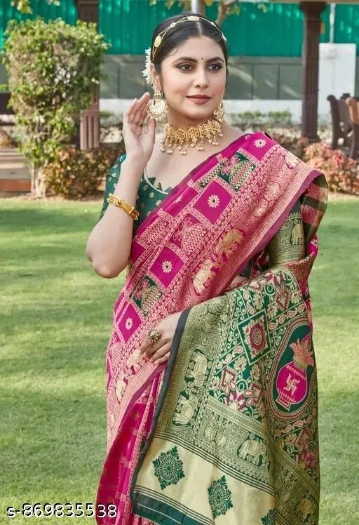 Zari Woven Banarasi Saree for Women (Pink, Free Size)