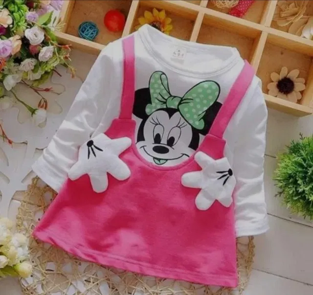 Hosiery Printed Frock for Girls (White & Pink, 9-12 Months)