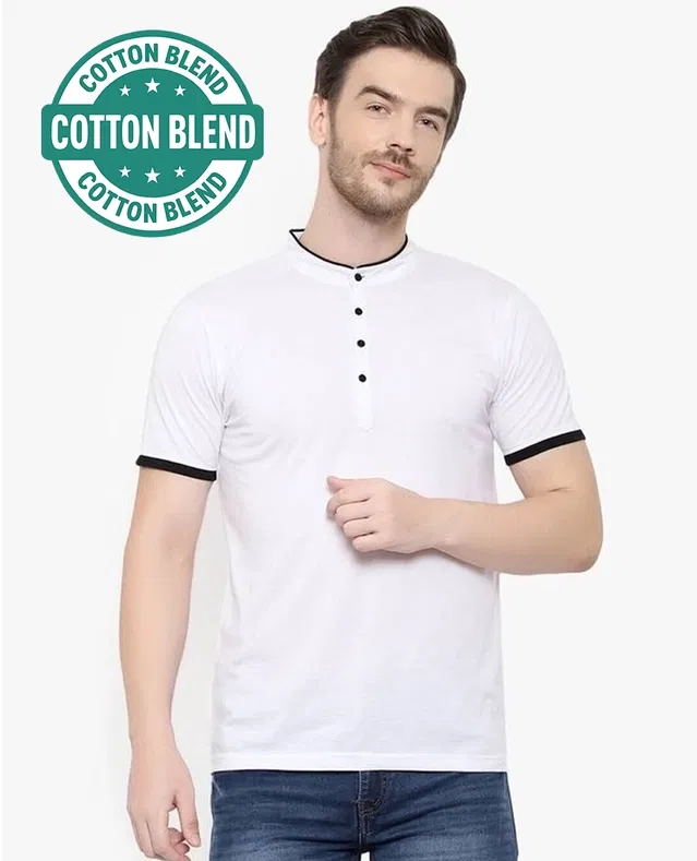 Mandarin Collar Solid T-Shirt for Men (White, XXL)