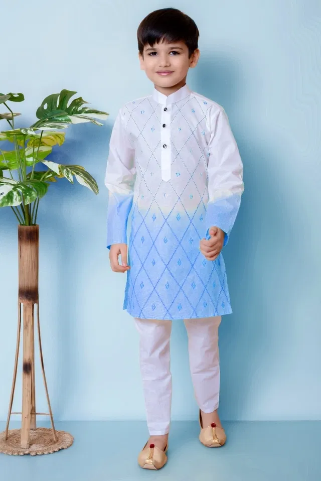 Cotton Embroidery Kurta with Payjama for Boys, Blue & White (4-5 Years)